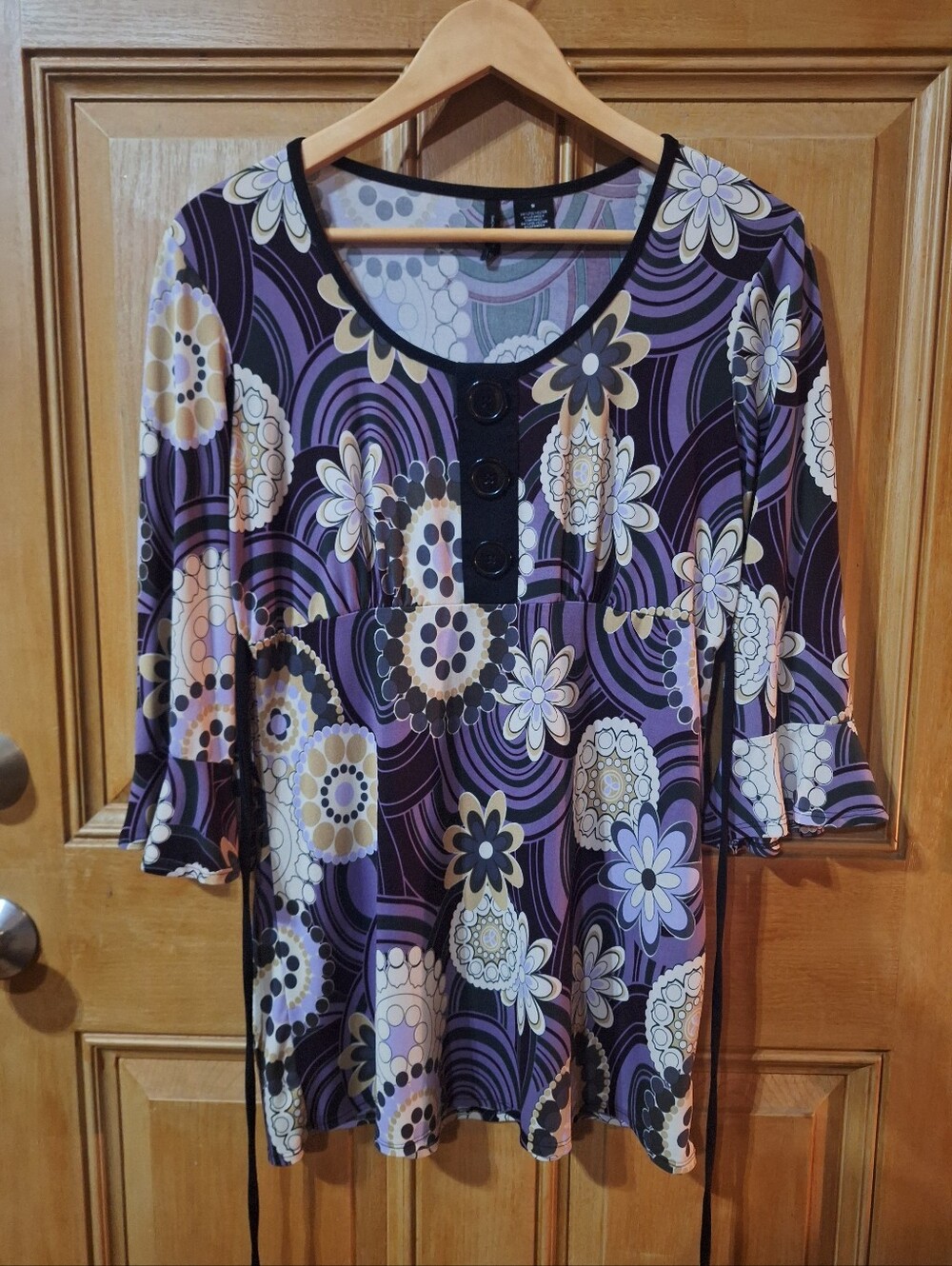 new directions Purple Floral Scoop-Neck Tunic with Decorative Buttons
